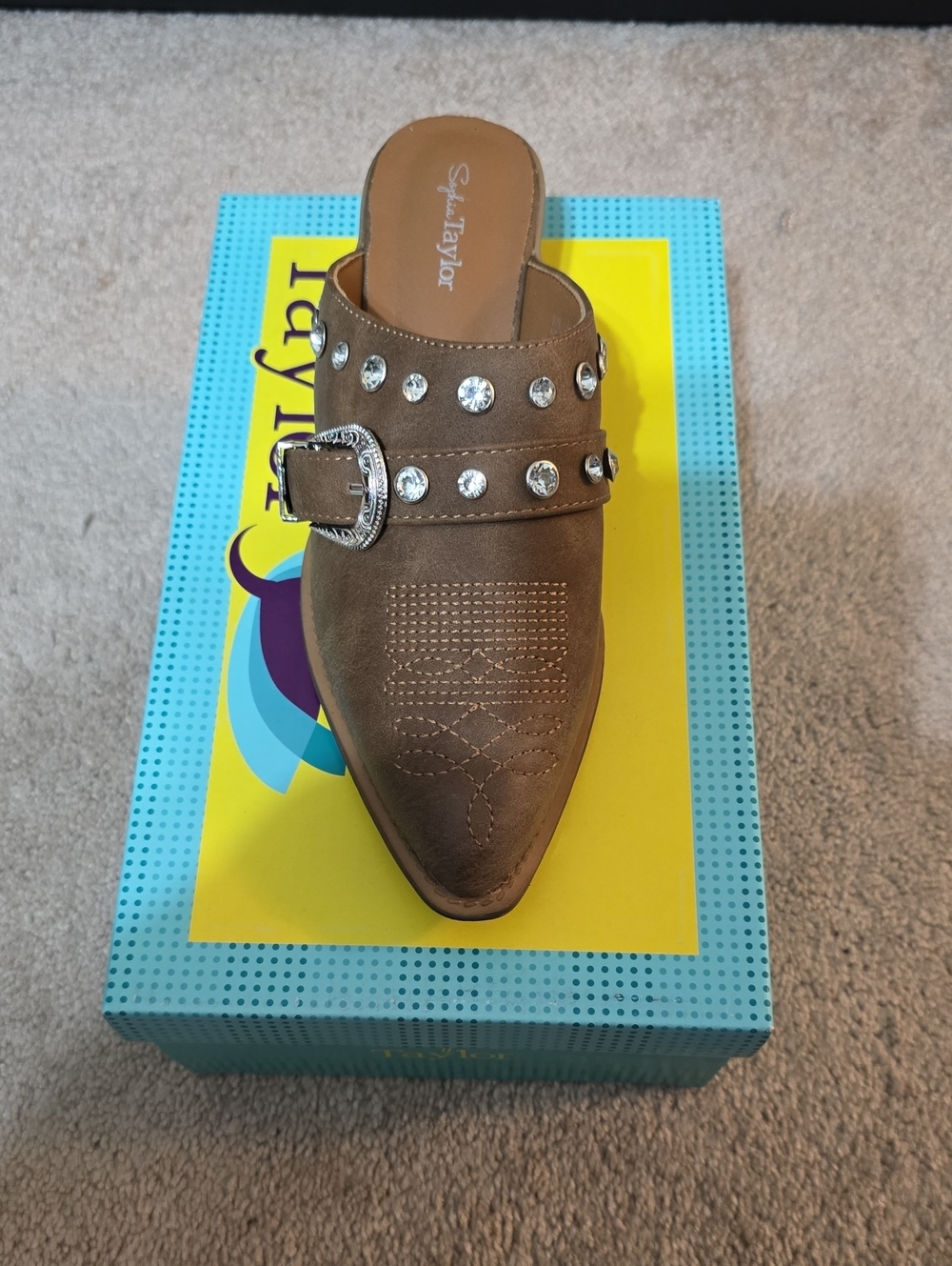 Sophia Taylor Brown Studded Pointed Mule with Buckle Multi Sizes Available